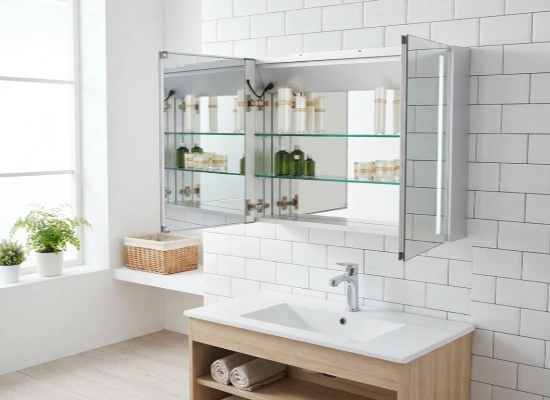 2-door large storage mirror cabinet with internal glass shelves and LED lighting