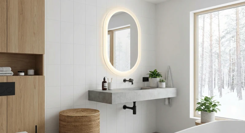 Large oval acrylic framed LED mirror