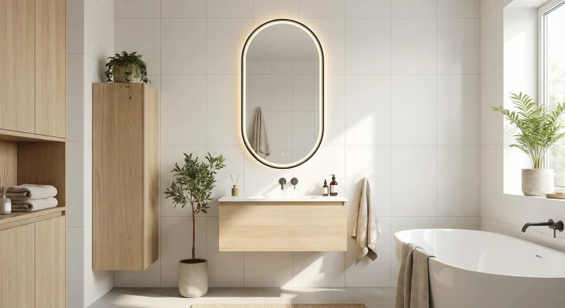 Matte black aluminum frame pill shape LED mirror for industrial style bathroom