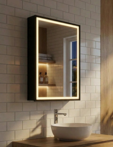 Black powder coated bathroom mirror cabinet with lighted frame