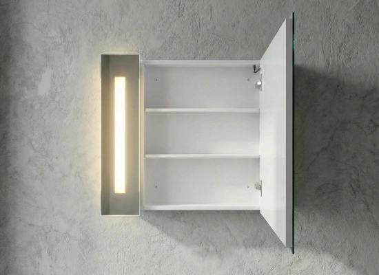 Open view of powder coated mirror cabinet showing hinge and storage capacity