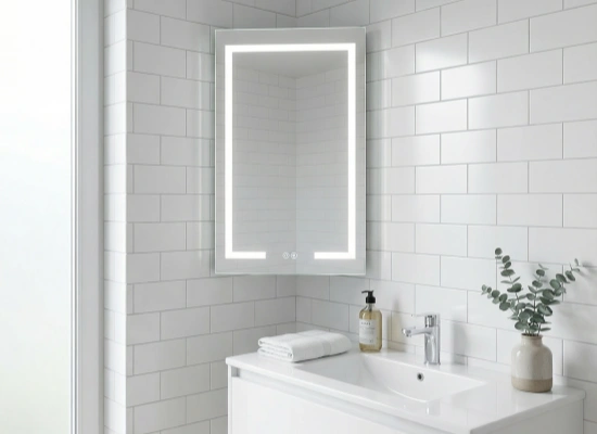 powder coated triangle shape single door illuminated mirror cabinet