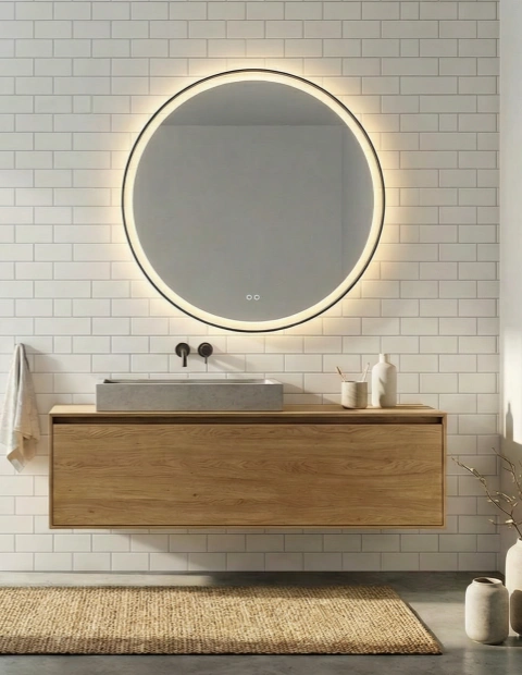 metal frame round LED bathroom mirror with backlit ambient lighting