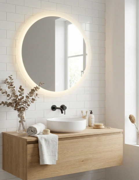 Round sandblasted edge smart LED mirror with touch sensor for modern bathroom