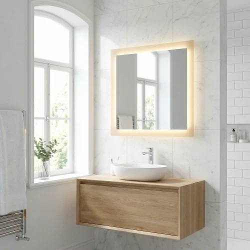 Square frosted edge bathroom mirror LED light warm white 3000K