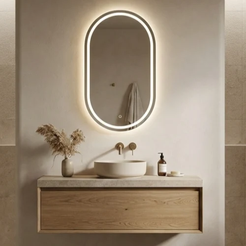 Frosted edge oval LED vanity mirror with anti-fog function