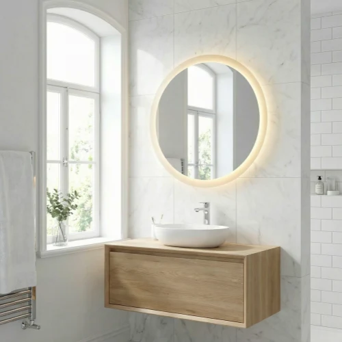 Round frameless LED mirror with front light frosting for makeup