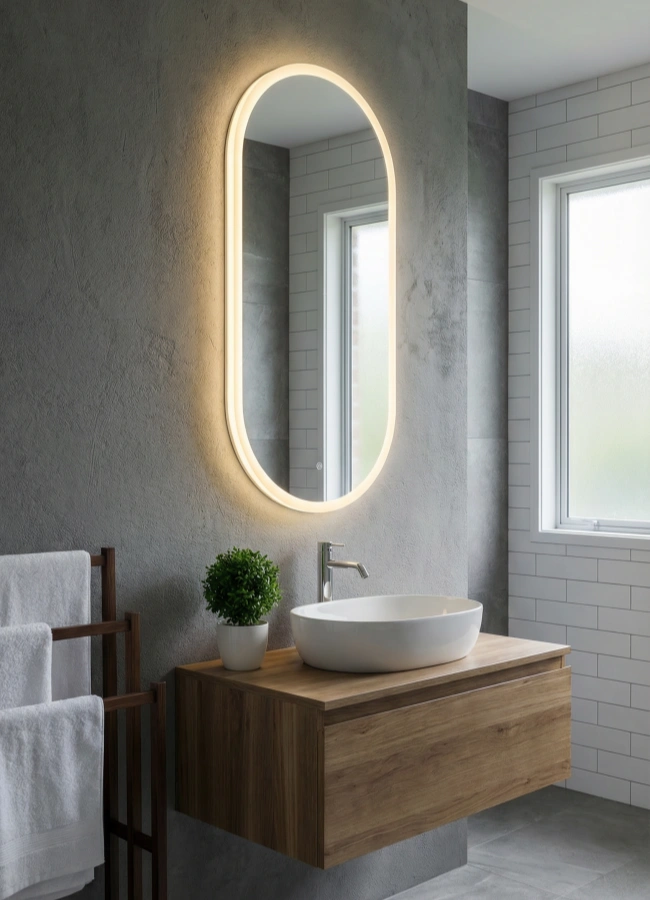 Large vertical oval capsule shape LED mirror with acrylic rim for full body view
