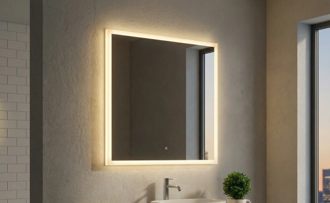 Square acrylic framed lighted mirror with high lumen output