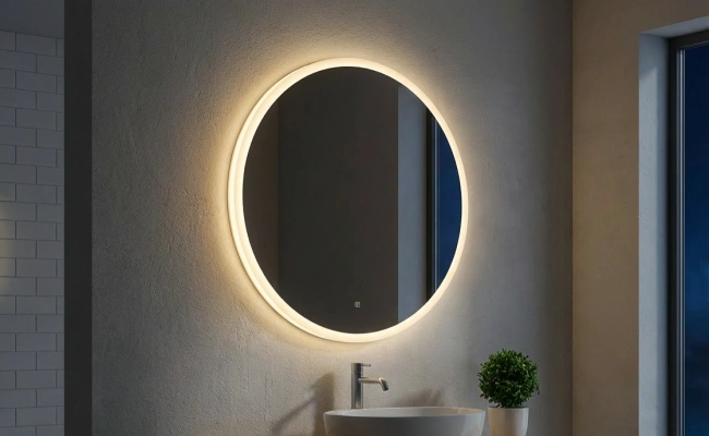 Round acrylic edge LED mirror glowing in dark environment