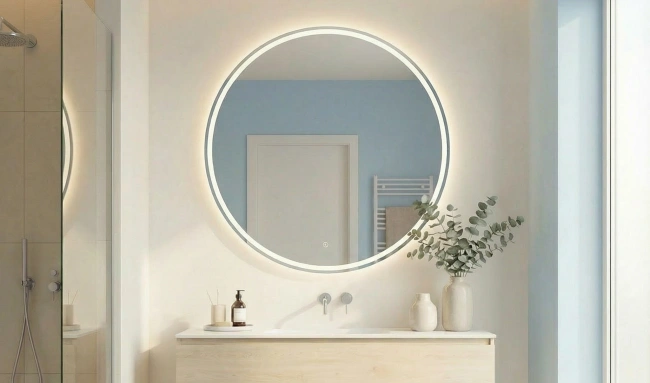 Round wall mounted LED vanity mirror with frosted edge design