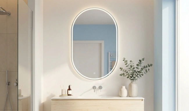 Oval shape frameless smart mirror with anti-fog technology