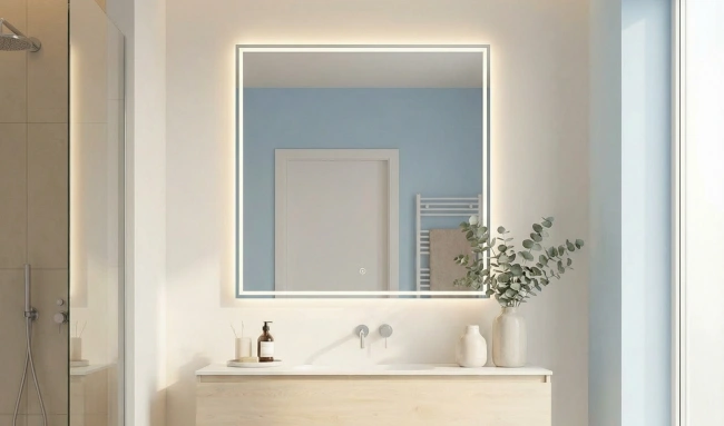 Square bathroom LED mirror with front lighting for makeup application