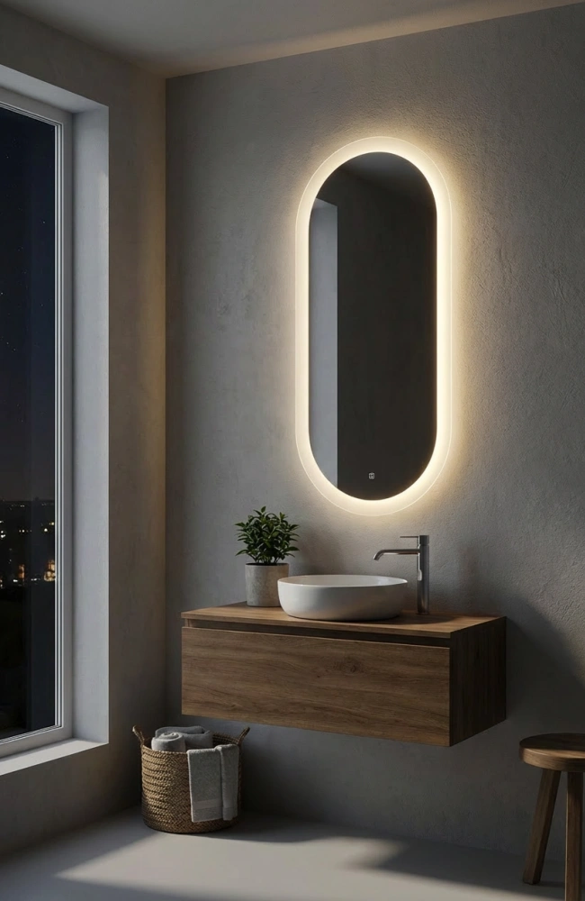 Large oval sandblasted LED backlit mirror showing warm light output