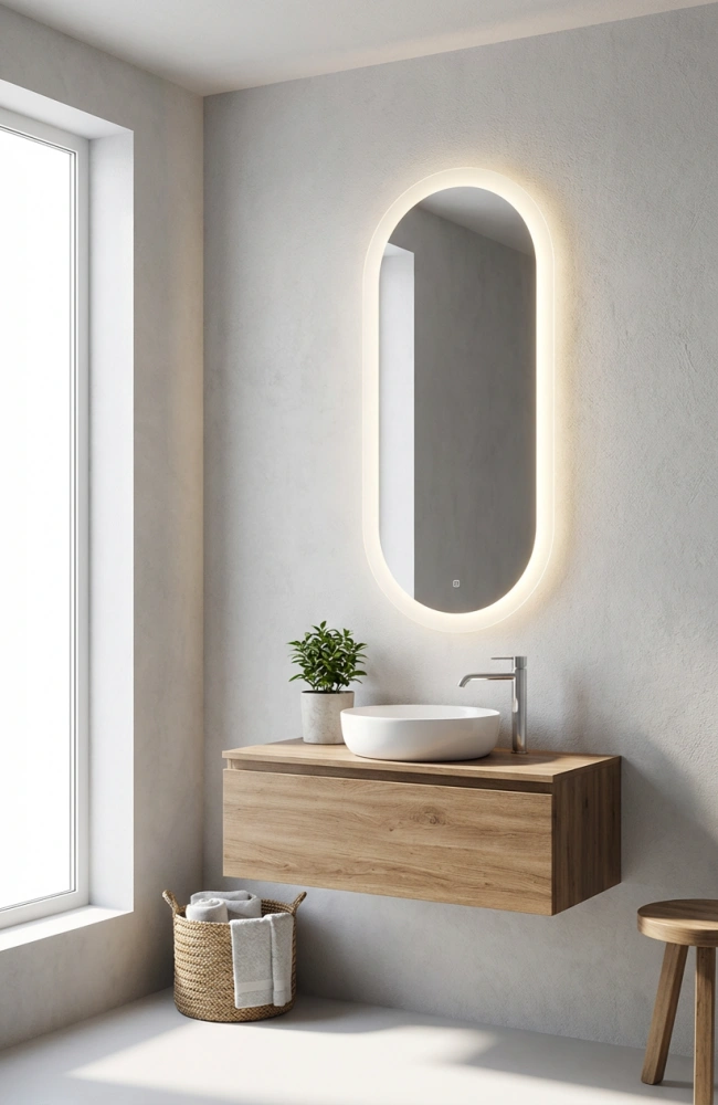 Large oval sandblasted LED backlit mirror showing warm light output