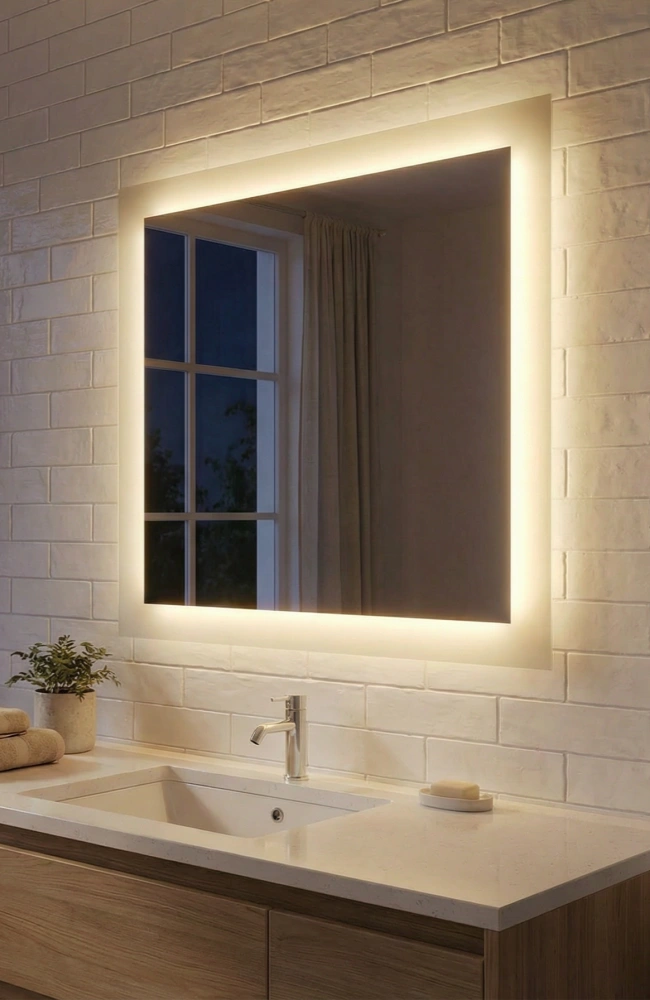 Large rectangular sandblasted LED backlit mirror showing warm light output