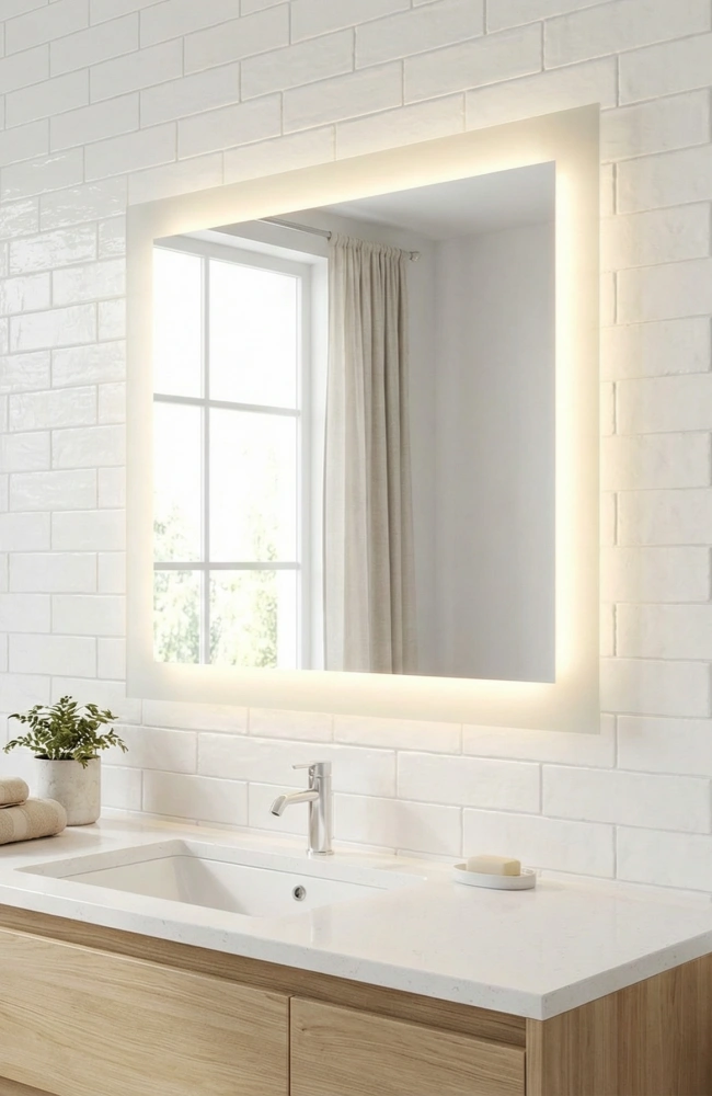 Large rectangular sandblasted LED backlit mirror showing warm light output