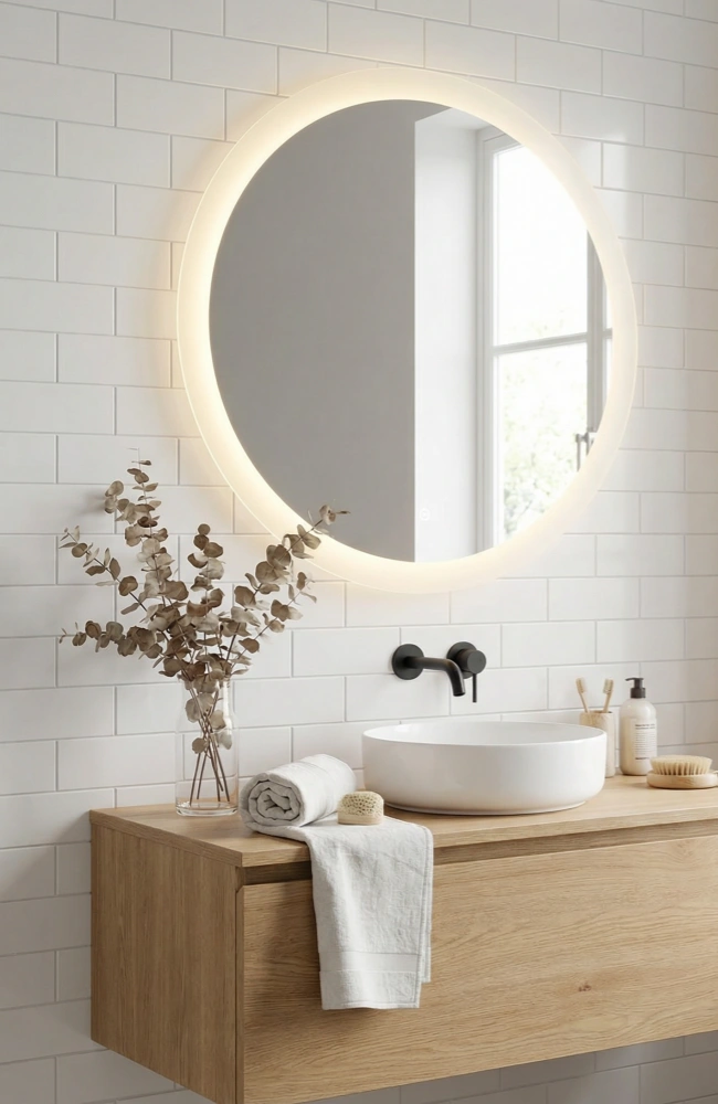 Large round sandblasted LED backlit mirror showing warm light output