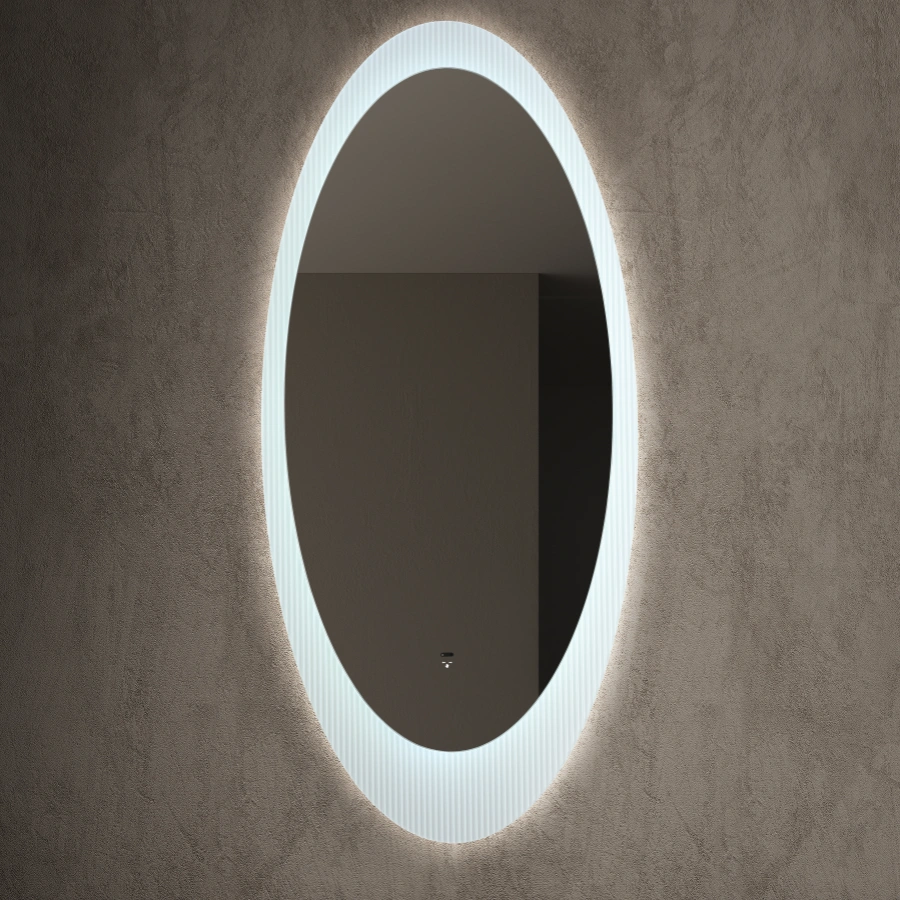 Custom design oval LED mirror with unique patterned acrylic light diffuser