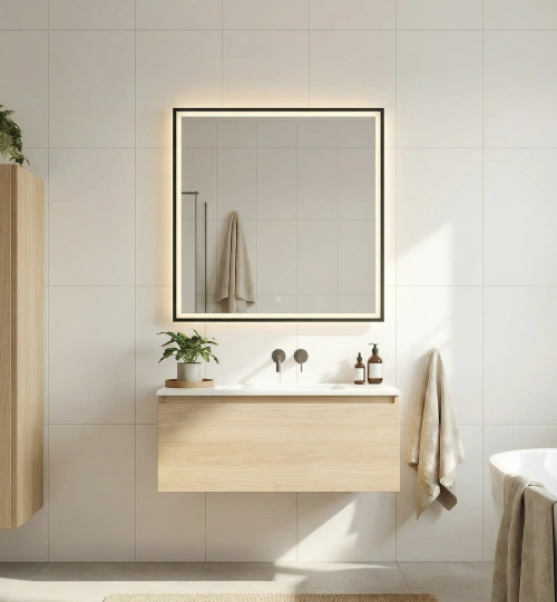 Matte black aluminum frame square LED mirror industrial style