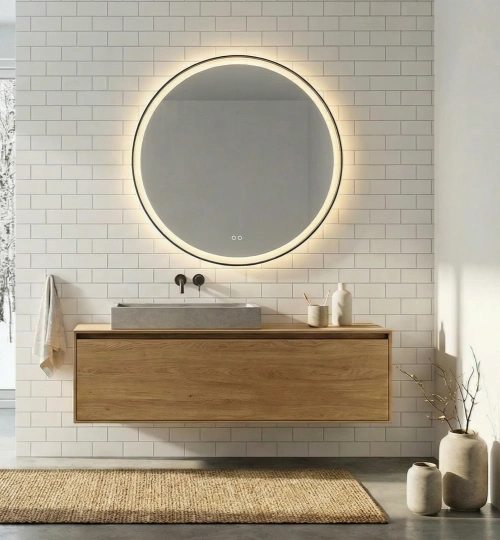 Round metal framed backlit mirror with 3000K warm light