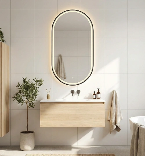 Matte black aluminum frame oval LED mirror industrial style