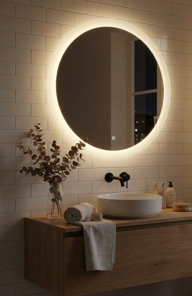 Large round sandblasted LED backlit mirror showing warm light output