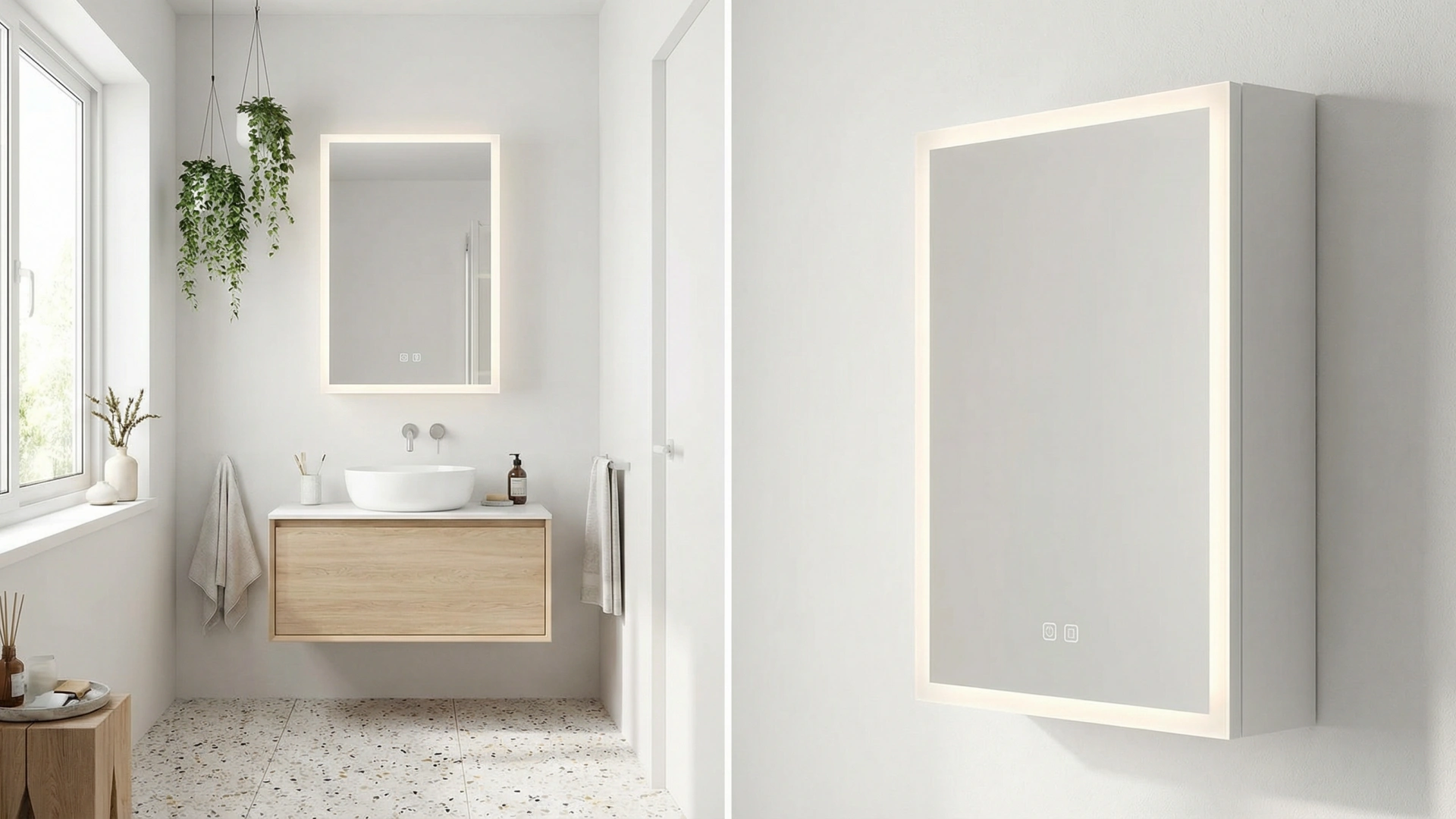 Modern bathroom interior with white powder coated LED cabinet