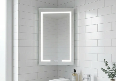 Corner LED mirror cabinet for space saving installation in small bathrooms