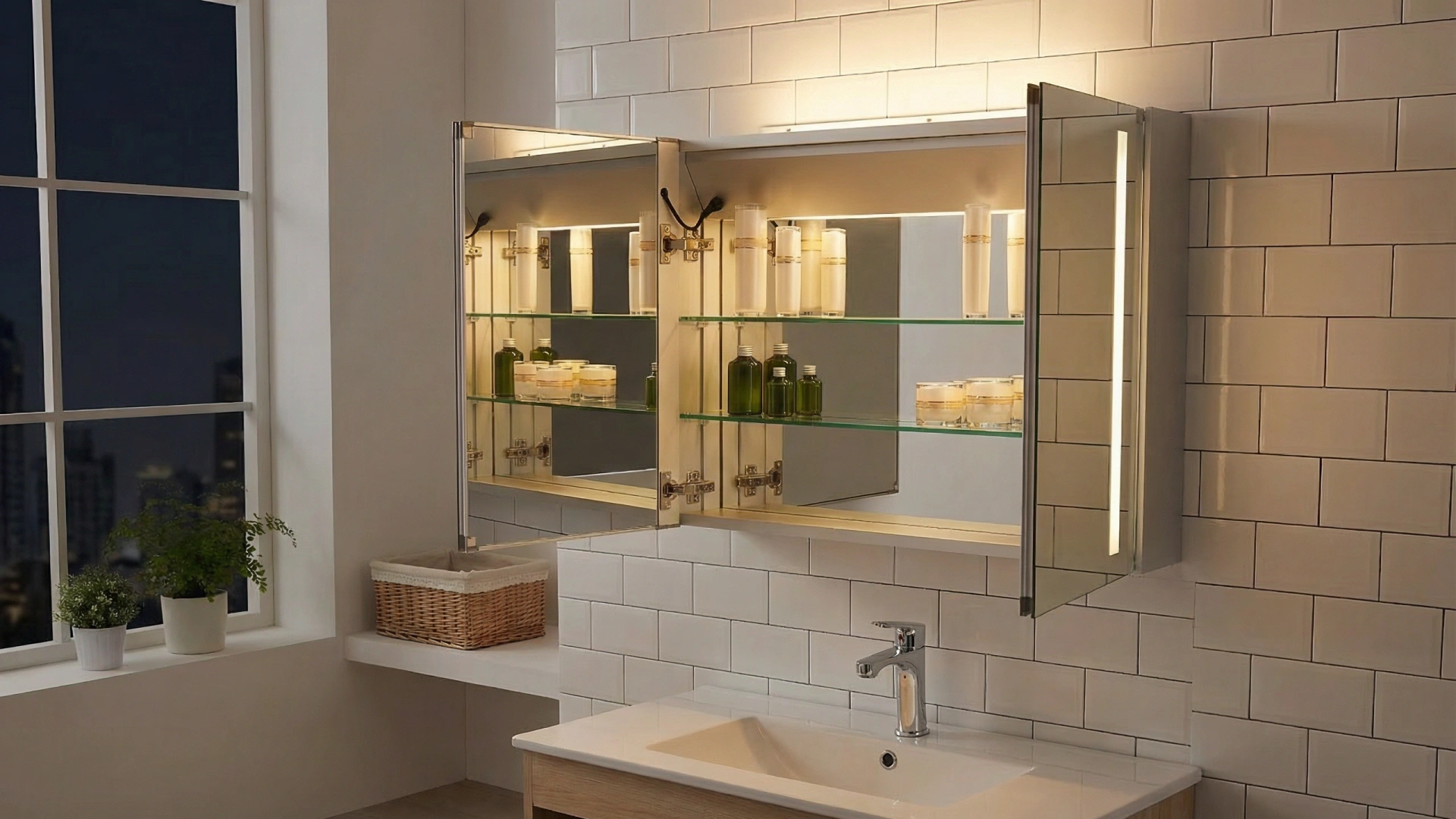 Open view of large aluminum mirror cabinet showing adjustable glass shelves and hinge detail